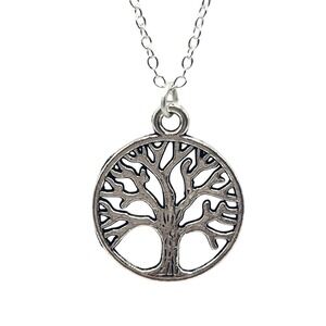 Tree of Life Round Pendant Necklace 24" Silver Tone Chain *NEW*